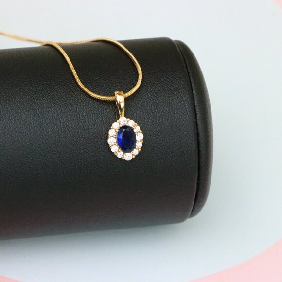 "Royal Blue Oval Pendant with Halo in Gold-Plated Brass Setting, XPPT1815 - Picture 13 of 13